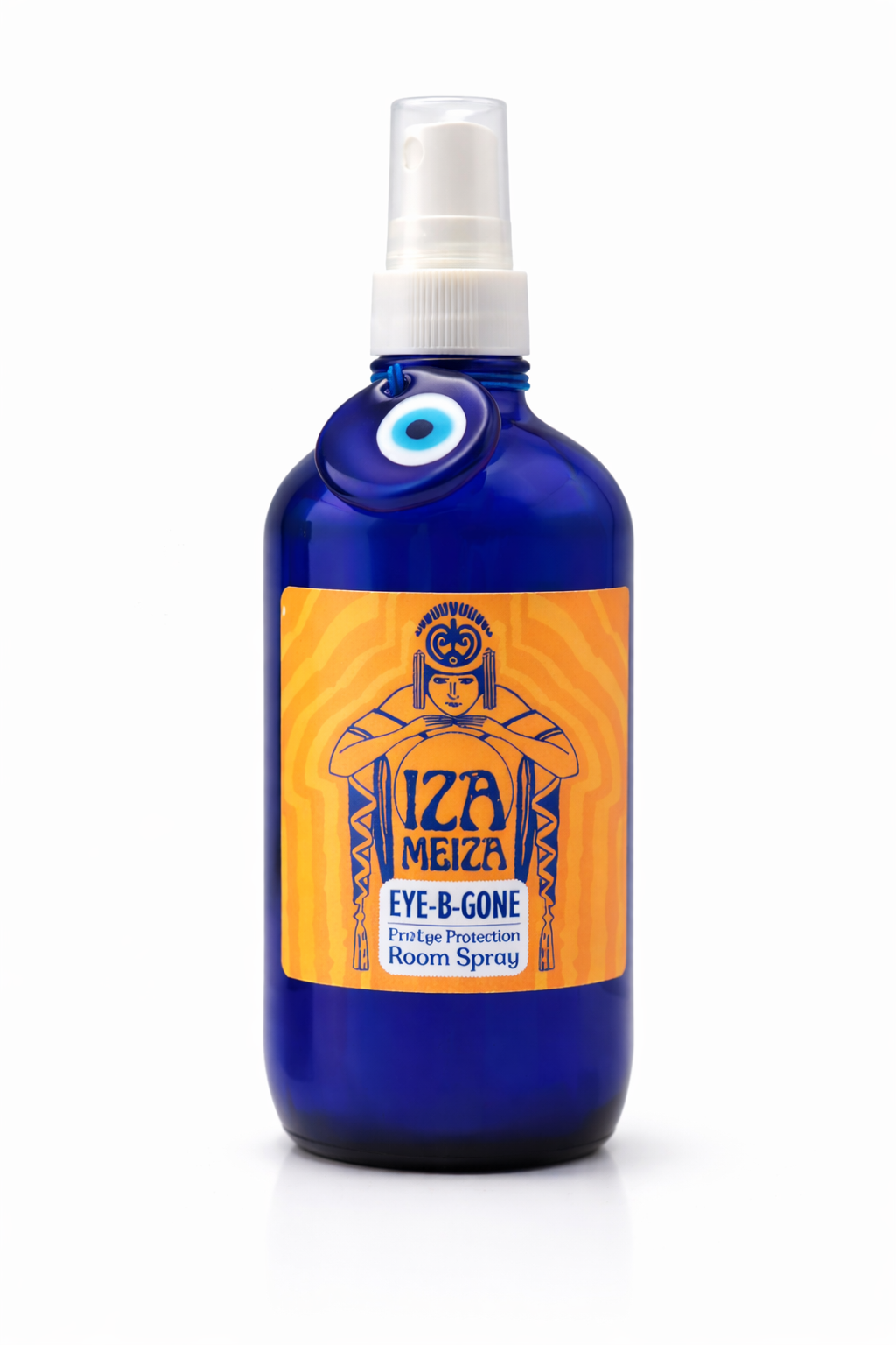 Blue spray bottle with orange label on a white background Suggestion


A blue bottle with a white spray nozzle labeled 'Eye B Gone | Room Spray' featuring an eye icon and woodsy design elements. evil eye